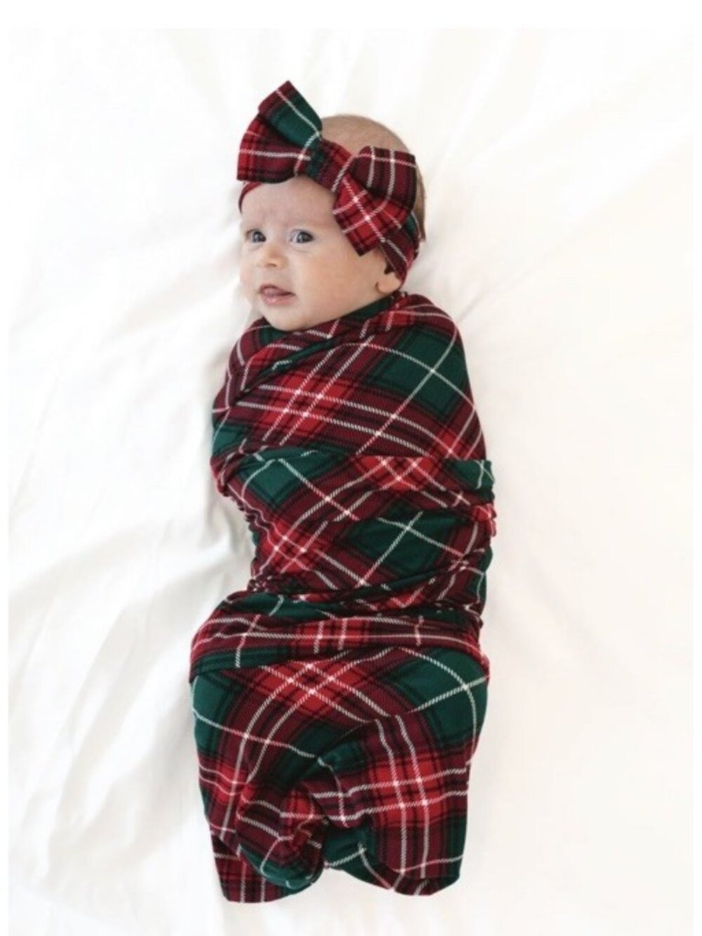 NIB Little Sleepies Plaid Swaddle & Luxe Bow Headband Christmas Photo Prop